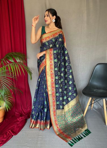 Dark Blue Patola Silk Woven Saree For Traditional / Religious Occasions
