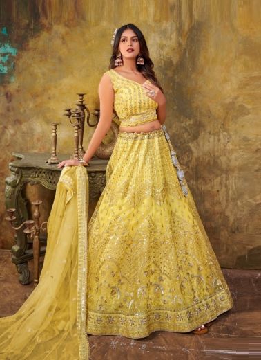 Light Yellow Net Embroidery & Sequins-Work Party-Wear Lehenga Choli
