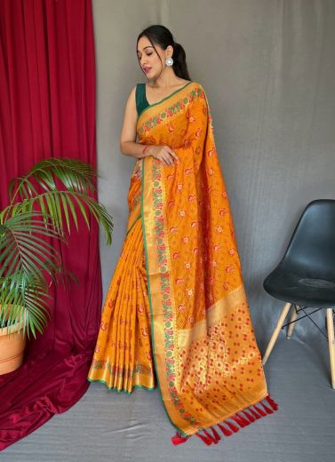 Orange Patola Silk Woven Saree For Traditional / Religious Occasions