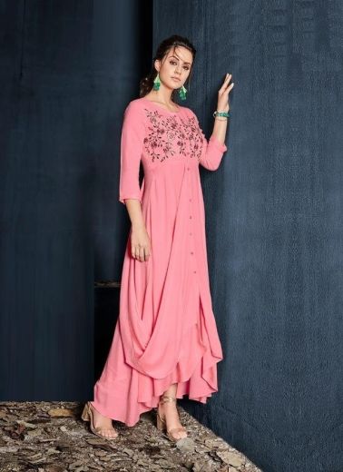 Pink Rayon Thread-Work Party-Wear Readymade Floor-Length Gown