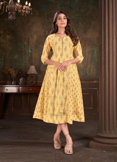 Creamy Yellow Cotton Printed Festive-Wear Anarkali Kurti