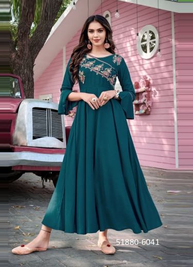 Sea Blue Rayon Embroidered Long Floor-Length Readymade Kurti For Traditional / Religious Occasions