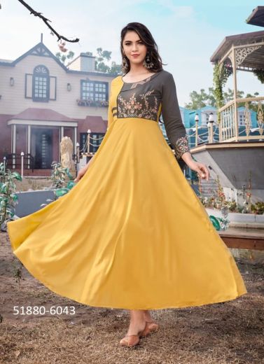 Yellow Rayon Embroidered Long Floor-Length Readymade Kurti For Traditional / Religious Occasions