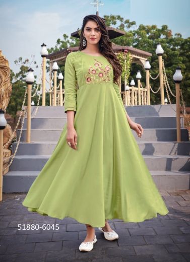 Light Green Rayon Embroidered Long Floor-Length Readymade Kurti For Traditional / Religious Occasions