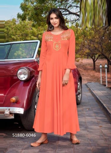 Coral Rayon Embroidered Long Floor-Length Readymade Kurti For Traditional / Religious Occasions