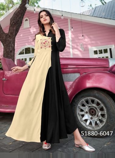 Cream & Black Rayon Embroidered Long Floor-Length Readymade Kurti For Traditional / Religious Occasions