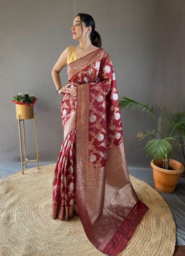Maroon Woven Linen-Cotton Saree For Traditional / Religious Occasions