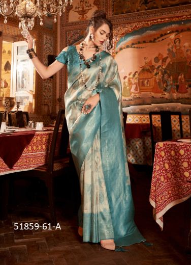 Off White & Teal Blue Digitally Printed Soft Silk Saree For Traditional / Religious Occasions