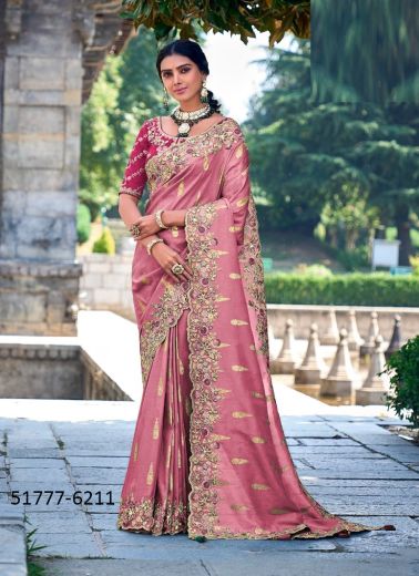 Mauve Pink Silk Handwork Wedding-Wear Embroidery Saree