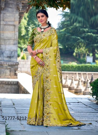 Lime Yellow Silk Handwork Wedding-Wear Embroidery Saree