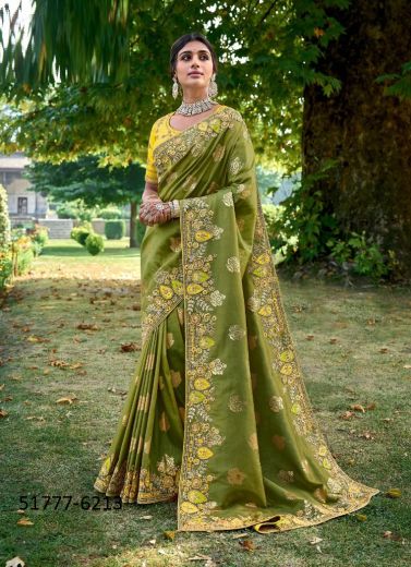 Olive Green Silk Handwork Wedding-Wear Embroidery Saree