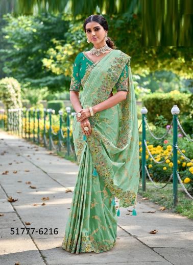 Mint Green Silk Handwork Wedding-Wear Embroidery Saree