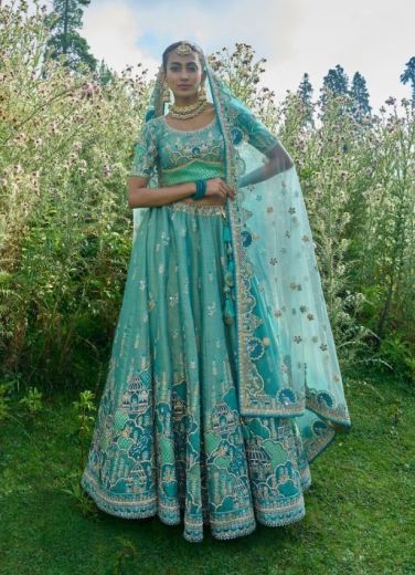 Teal Blue Viscose Zari with Hand Embroidery Bridal Lehenga Choli For Weddings