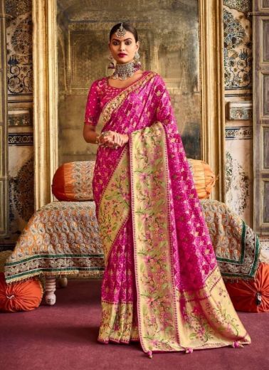 Magenta Pure Dola With Printed & Hand-Work Wedding-Wear Bridal Saree