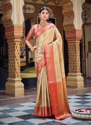 Beige Banarasi Silk Handloom Weaving Festive-Wear Saree