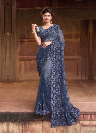 Blue Net With Thread, Sequins & Hand-Work Wedding-Wear Bridal Saree