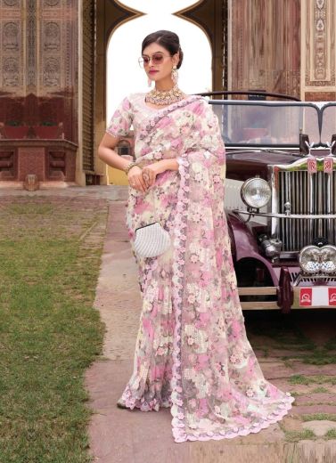 Pink & Cream Net Sequins & Hand-Work Wedding-Wear Bridal Saree