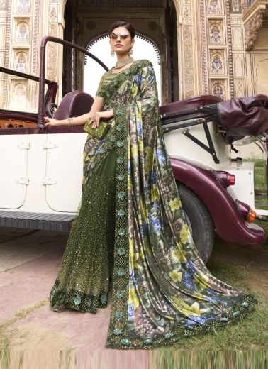 Olive Green Imported Net Handwork Wedding-Wear Bridal Saree