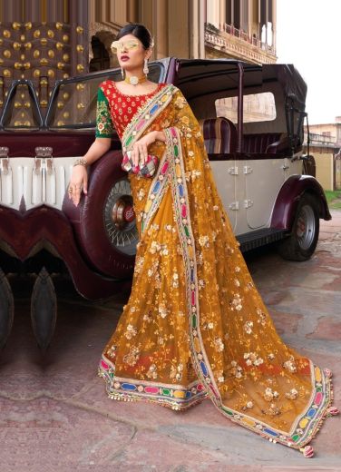 Orange Net With Sequins, Thread, Mirror & Hand-Work Wedding-Wear Bridal Saree