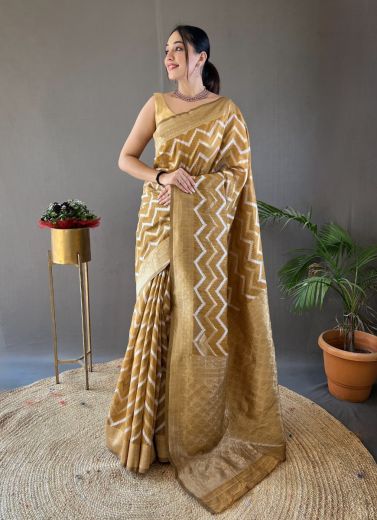 Burlywood Woven Cotton Linen Leheriya Saree For Traditional / Religious Occasions