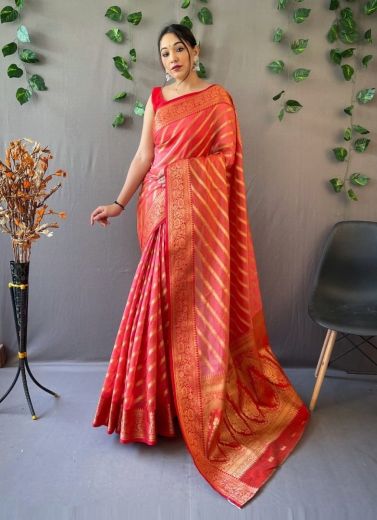 Coral Red Organza Weaving Festive-Wear Leheriya Saree