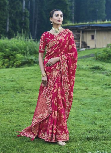 Wine Red Silk Embroidered Party-Wear Saree