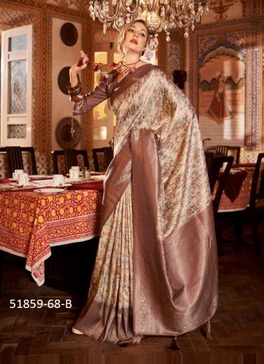 Beige & Brown Digitally Printed Soft Silk Saree For Traditional / Religious Occasions