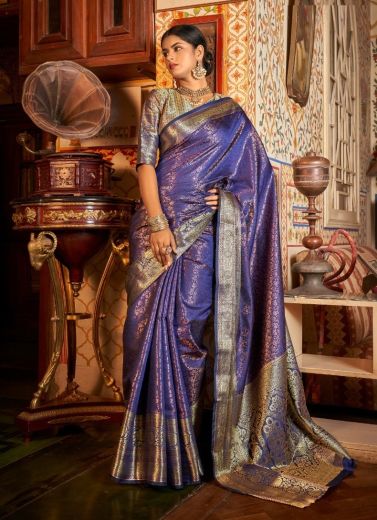Royal Blue Kanchipuram SIlk With Copper Zari Weaving Festive-Wear Saree