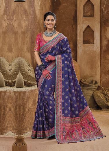 Violet Banarasi Silk Kacchi-Work Wedding-Wear Boutique-Style Saree With Contrast Blouse