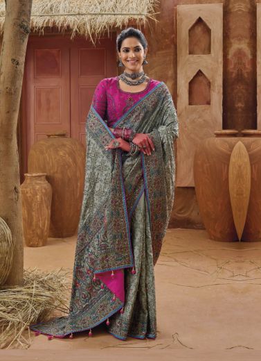 Sage Blue Banarasi Silk Kacchi-Work Wedding-Wear Boutique-Style Saree With Contrast Blouse