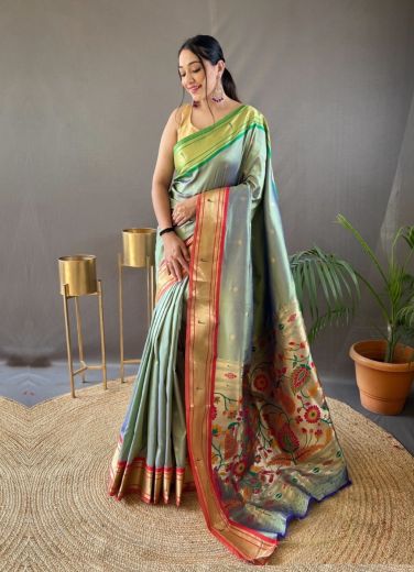 Light Sage Green Paithani Silk Saree For Traditional / Religious Occasions