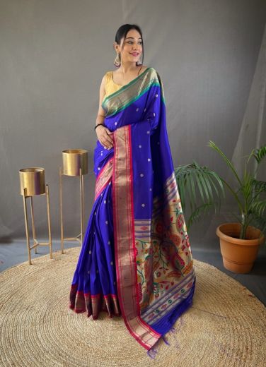 Royal Blue Paithani Silk Saree For Traditional / Religious Occasions