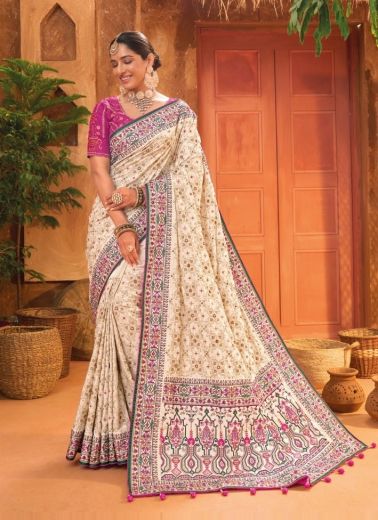 White Banarasi Silk Embroidery & Handwork Wedding-Wear Saree