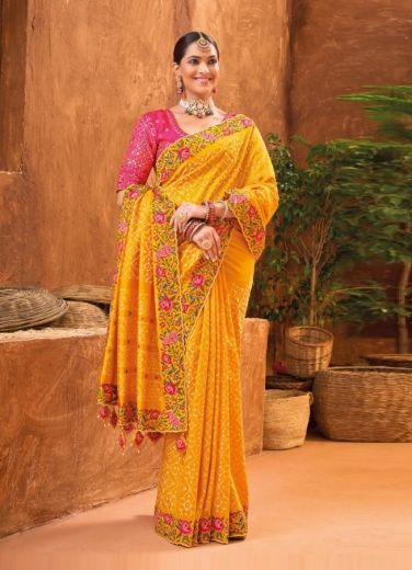 Orange Banarasi Silk Embroidery & Handwork Wedding-Wear Saree