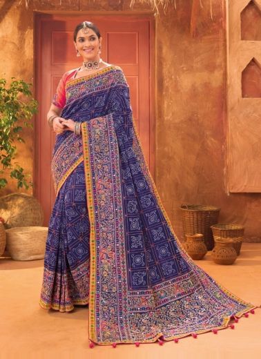 Indigo Blue Banarasi Silk Embroidery & Handwork Wedding-Wear Saree