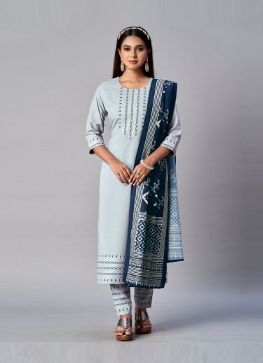 Light Mint Blue Cotton Printed Office-Wear Pant-Bottom Readymade Salwar Kameez