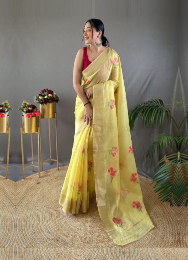 Yellow Pure Linen-Cotton Thread-Work Party-Wear Saree
