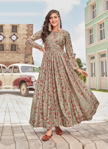 Light Mint Green & Red Pure Chinon With Batik Print Party Wear Floor-Length Readymade Gown [With Can-Can]