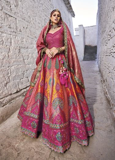 Magenta & Orange Banarasi Silk Jacquard Handwork Wedding-Wear Bridal Lehenga Choli