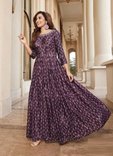 Dark Purple Pure Chinon With Batik Print Party Wear Floor-Length Readymade Gown [With Can-Can]