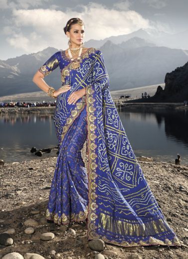 Blue Pure Gajji Satin Bandhej Printed Wedding-Wear Kacchi Saree