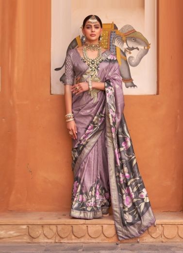 Light Mauve Digitally Printed Party-Wear Floral Silk Saree