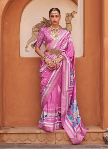 Hot Pink Digitally Printed Party-Wear Floral Silk Saree