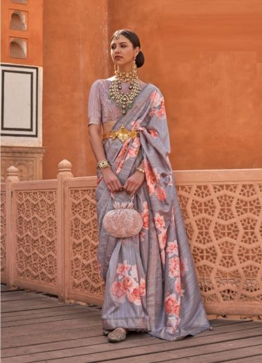 Gray Digitally Printed Party-Wear Floral Silk Saree