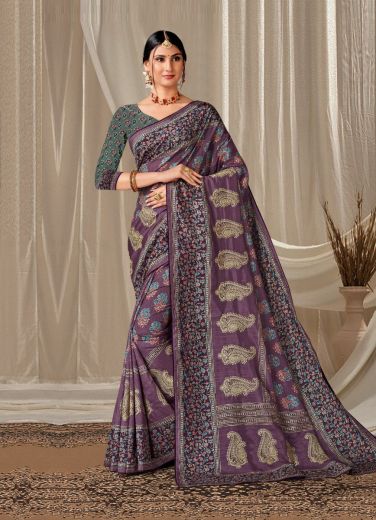 Dull Purple Art Silk Printed Handloom Saree For Traditional / Religious Occasions
