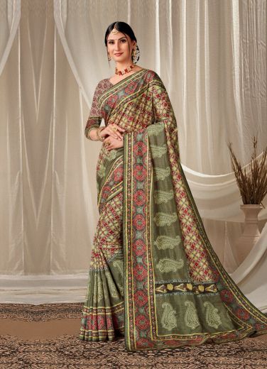 Yellow & Moss Green Art Silk Printed Handloom Saree For Traditional / Religious Occasions