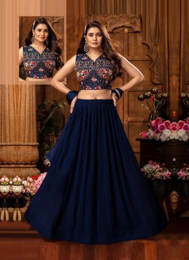 Dark Blue Chinon Embroidered Party-Wear Stylish Readymade Lehenga Choli (With Can-Can)
