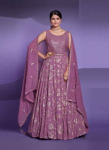 Lavender Georgette Sequins-Work Party-Wear Readymade Gown With Dupatta
