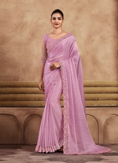 Light Pink Silk Handwork Party-Wear Boutique-Style Saree