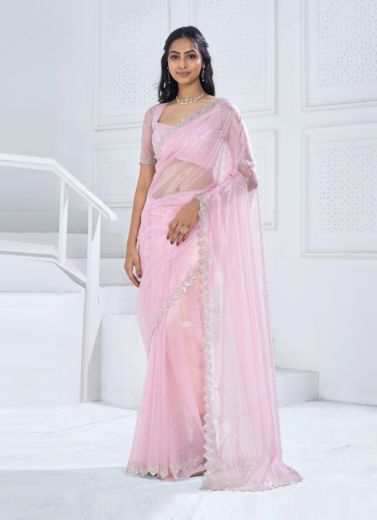 Light Pink Organza Stone-Work Party-Wear Boutique-Style Saree